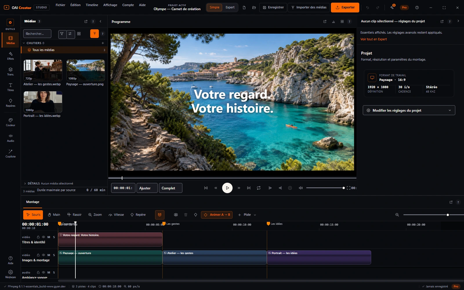 Creator Plus — Montage & timeline. Aperçu de l’interface · projet de démonstration.