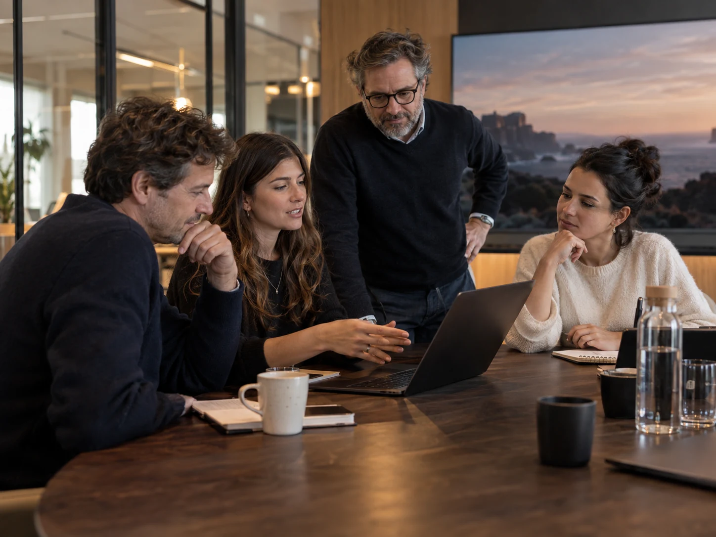 AI-generated illustration of a communications team reviewing a video project